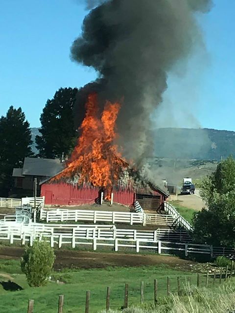 Firefighters battle a barn fire in North Routt County  Monday morning. The blaze destroyed the historic barn on the Circle Bar Ranch.