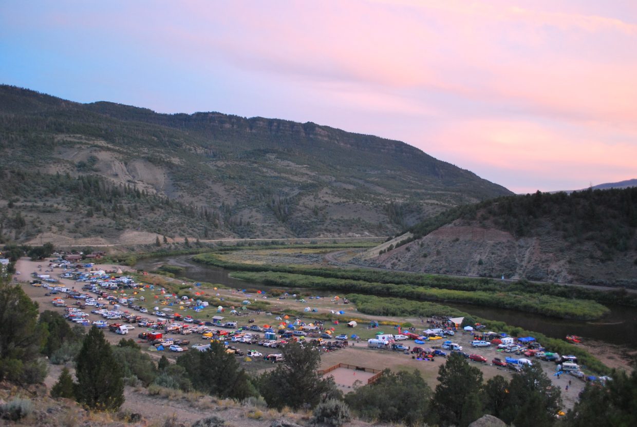 Dozens of tents dot the flood plain at Rancho Del Rio west of Gore Canyon.