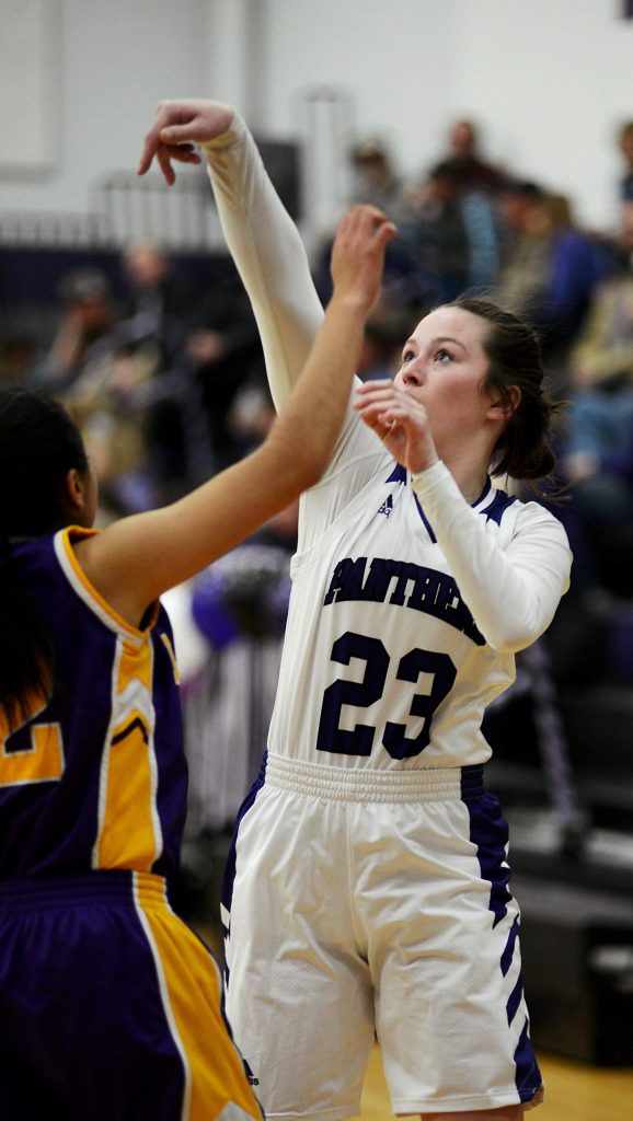 Middle Park sophomore Jenna King follows her shot during a playoff game against Lake County on Tuesday in Granby.