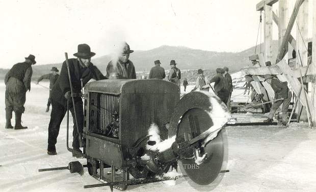 A gas-powered saw was used to cut ice into blocks at Boca.