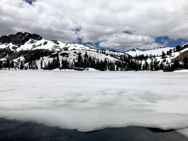 Susie Lake in the Desolation Wilderness was still iced over as of Saturday, May 12.