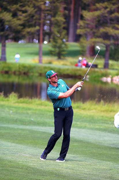 Aaron Rodgers watches his shot from the fairway on hole No. 10 during the second round of last year's American Century Championship on July 14, 2018.