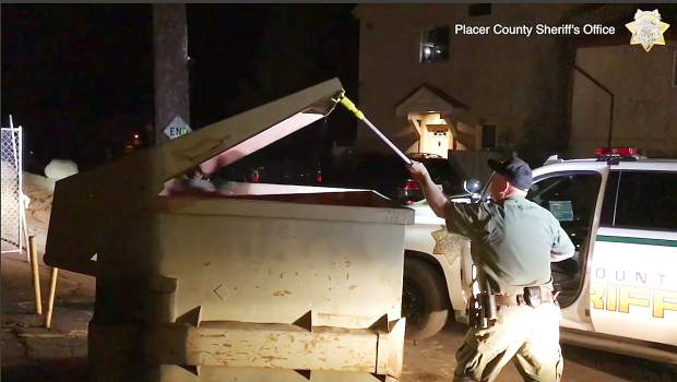 This Tuesday, Aug. 27, 2019 photo from video, second in a sequence, released by the Placer County Sheriff's Office, shows deputies using a pole to lift the lid of a trash container after a bear cub had fallen in and become trapped outside a motel in Kings Beach, Calif., on the north shore of Lake Tahoe.