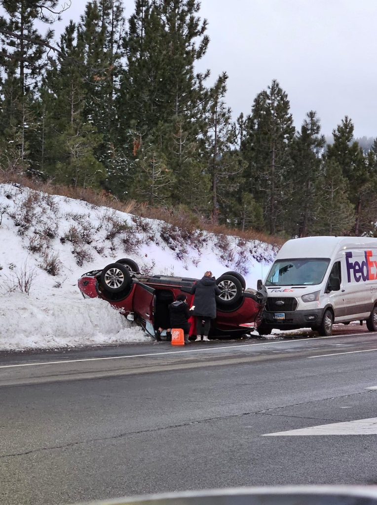 Three cars collide at Spooner Summit, one over turned